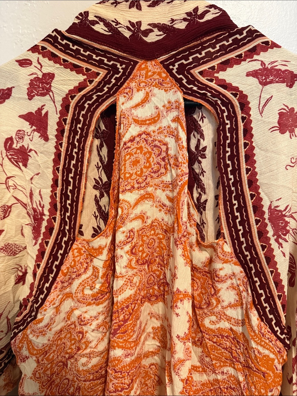Free People Cream, Burgundy & Orange Boho Open-Front Kimono - Picture 3 of 7